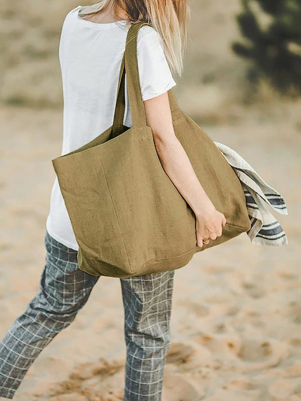 Simple Style Large Capacity Linen Tote Handbag
