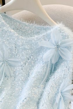 Sky Blue Floral Decorated Sweaters Oversized Nail Bead Winter