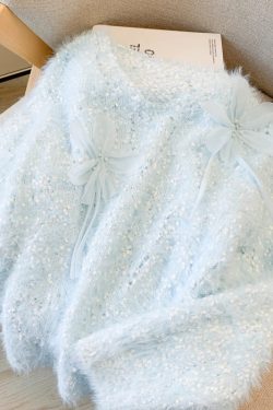 Sky Blue Floral Decorated Sweaters Oversized Nail Bead Winter