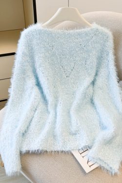 Sky Blue Floral Decorated Sweaters Oversized Nail Bead Winter