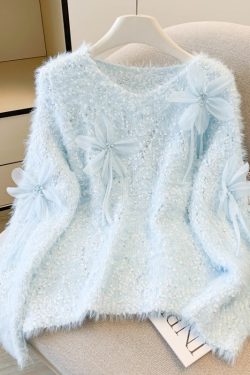Sky Blue Floral Decorated Sweaters Oversized Nail Bead Winter