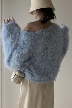 Sky Blue Hollow Ou Knit Sweater V Neck Batwing Sleeve