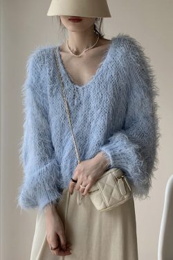Sky Blue Hollow Ou Knit Sweater V Neck Batwing Sleeve