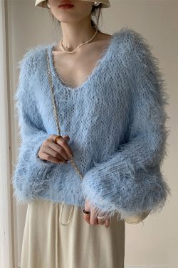 Sky Blue Hollow Ou Knit Sweater V Neck Batwing Sleeve
