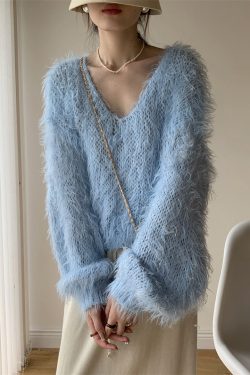 Sky Blue Hollow Ou Knit Sweater V Neck Batwing Sleeve