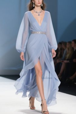 Sky Blue Wrinkled Low High Design Long Dresses V Neck