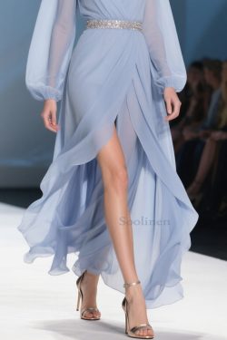 Sky Blue Wrinkled Low High Design Long Dresses V Neck