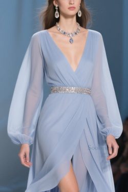 Sky Blue Wrinkled Low High Design Long Dresses V Neck