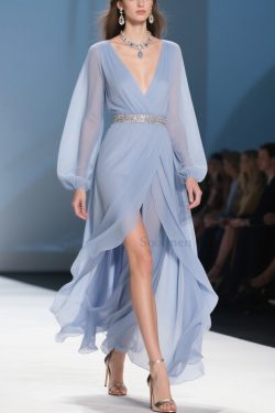 Sky Blue Wrinkled Low High Design Long Dresses V Neck