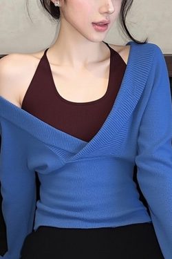 Slim Fit Blue False Two Pieces Patchwork Knit Sweaters Fall