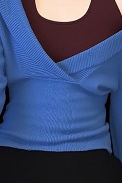 Slim Fit Blue False Two Pieces Patchwork Knit Sweaters Fall