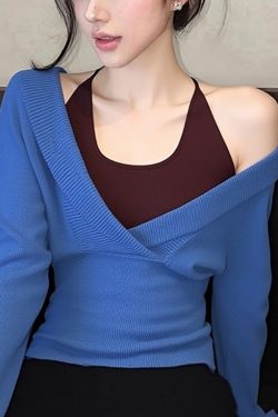 Slim Fit Blue False Two Pieces Patchwork Knit Sweaters Fall
