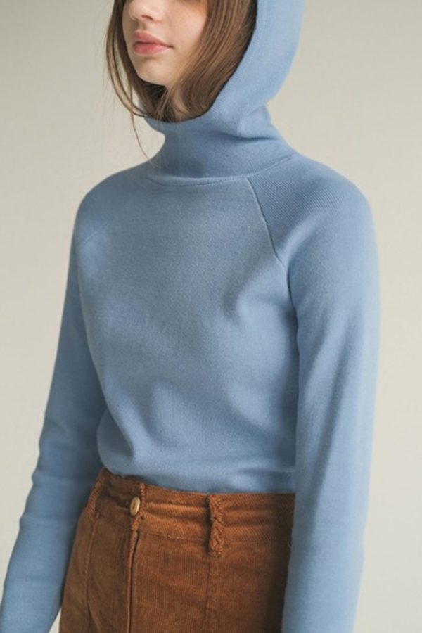 Slim Fit Blue Hooded Solid Knitting Cotton Sweaters Winter