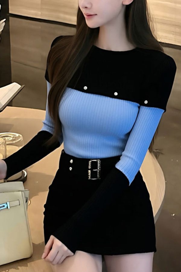 Slim Fit Blue O-Neck Patchwork Knit Sweater Winter