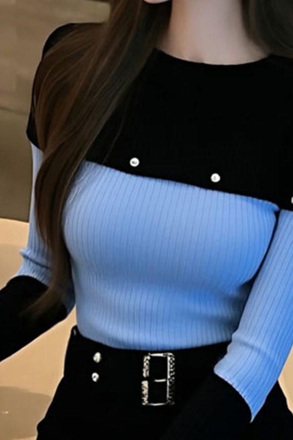 Slim Fit Blue O-Neck Patchwork Knit Sweater Winter