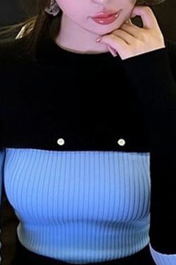 Slim Fit Blue O-Neck Patchwork Knit Sweater Winter