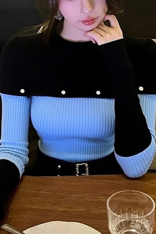 Slim Fit Blue O-Neck Patchwork Knit Sweater Winter