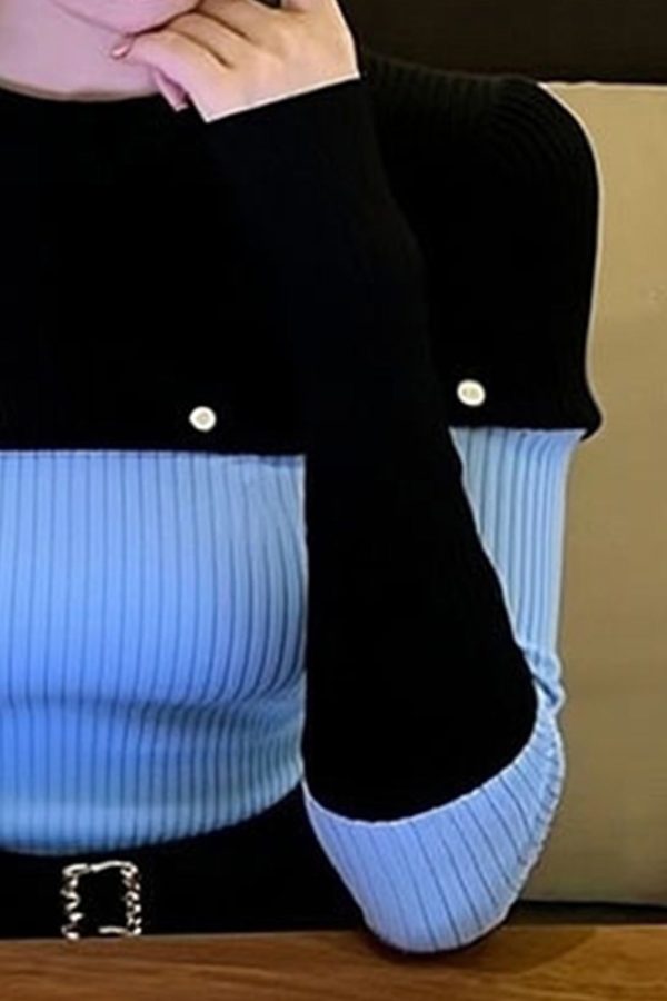 Slim Fit Blue O-Neck Patchwork Knit Sweater Winter