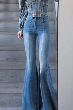 Slim Fit Blue Pockets High Waist Denim Flared Trousers Spring