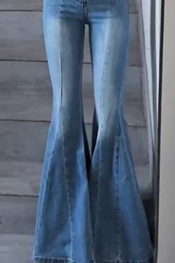 Slim Fit Blue Pockets High Waist Denim Flared Trousers Spring