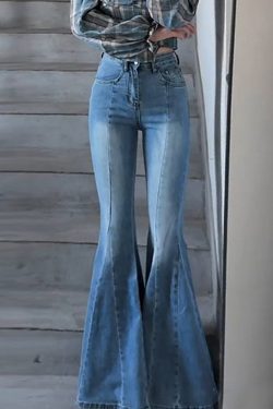Slim Fit Blue Pockets High Waist Denim Flared Trousers Spring