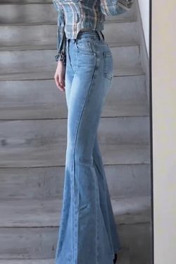 Slim Fit Blue Pockets High Waist Denim Flared Trousers Spring