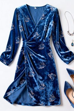Slim Fit Blue Print Wrinkled Silk Velvet Dress Spring