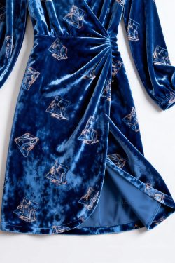 Slim Fit Blue Print Wrinkled Silk Velvet Dress Spring