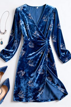 Slim Fit Blue Print Wrinkled Silk Velvet Dress Spring