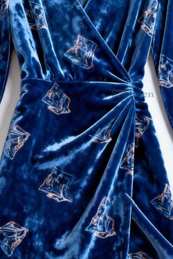 Slim Fit Blue Print Wrinkled Silk Velvet Dress Spring