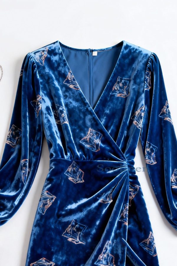 Slim Fit Blue Print Wrinkled Silk Velvet Dress Spring