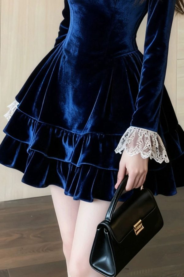 Slim Fit Blue Ruffled Lace Patchwork Silk Velvet Mini Dresses Spring