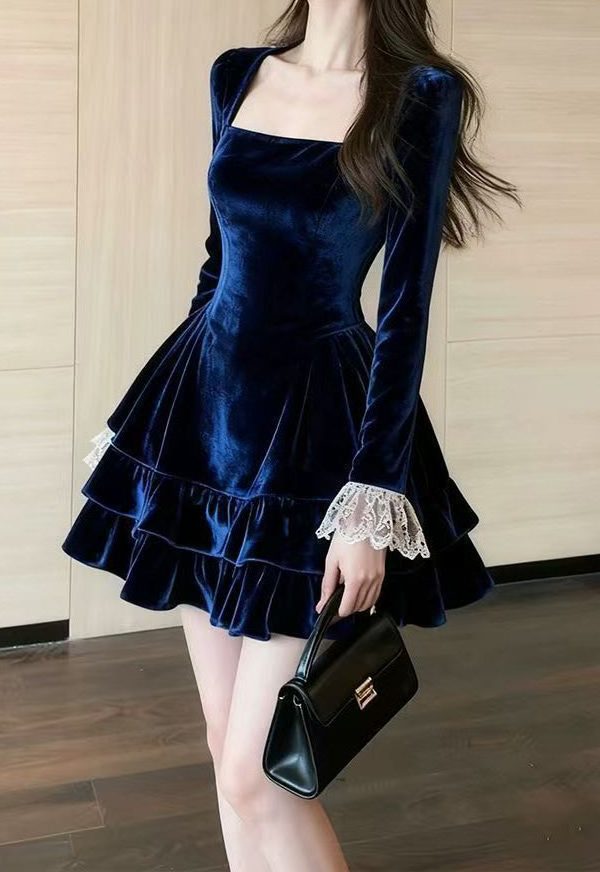 Slim Fit Blue Ruffled Lace Patchwork Silk Velvet Mini Dresses Spring