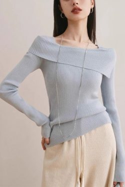 Slim Fit Blue Slash Neck Cotton Knit Sweater Spring