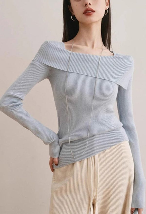 Slim Fit Blue Slash Neck Cotton Knit Sweater Spring