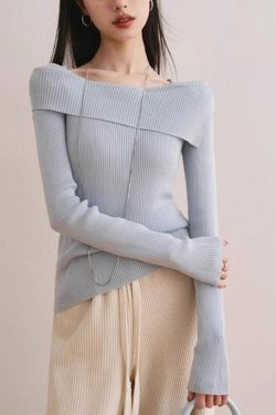 Slim Fit Blue Slash Neck Cotton Knit Sweater Spring