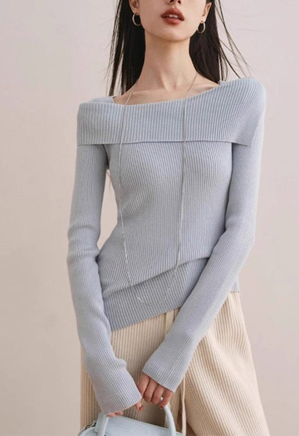 Slim Fit Blue Slash Neck Cotton Knit Sweater Spring