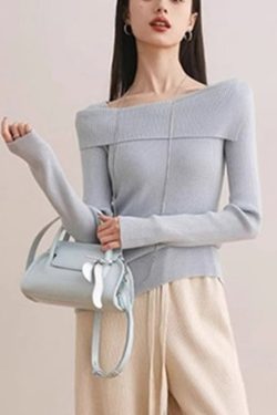 Slim Fit Blue Slash Neck Cotton Knit Sweater Spring