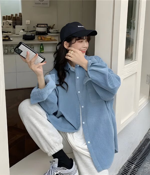 Smiley Embroidered Corduroy Shirt