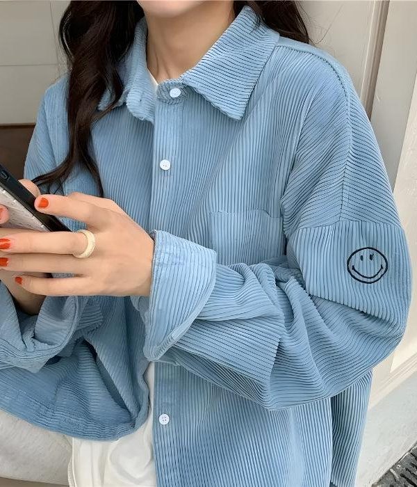 Smiley Embroidered Corduroy Shirt