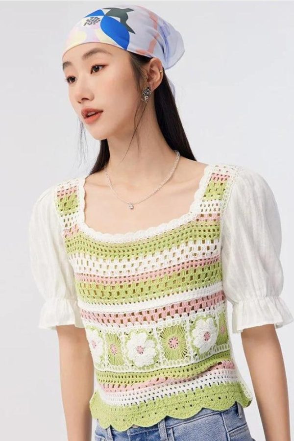 Soft Girl Floral Hollow Out Knitted Top