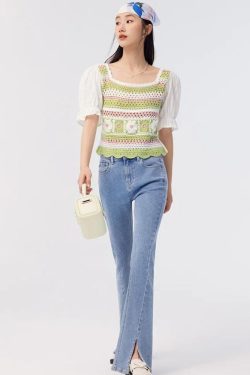 Soft Girl Floral Hollow Out Knitted Top