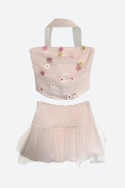 Soft Girl Flower Tube Top & Tulle Mini Skirt Two Piece Set