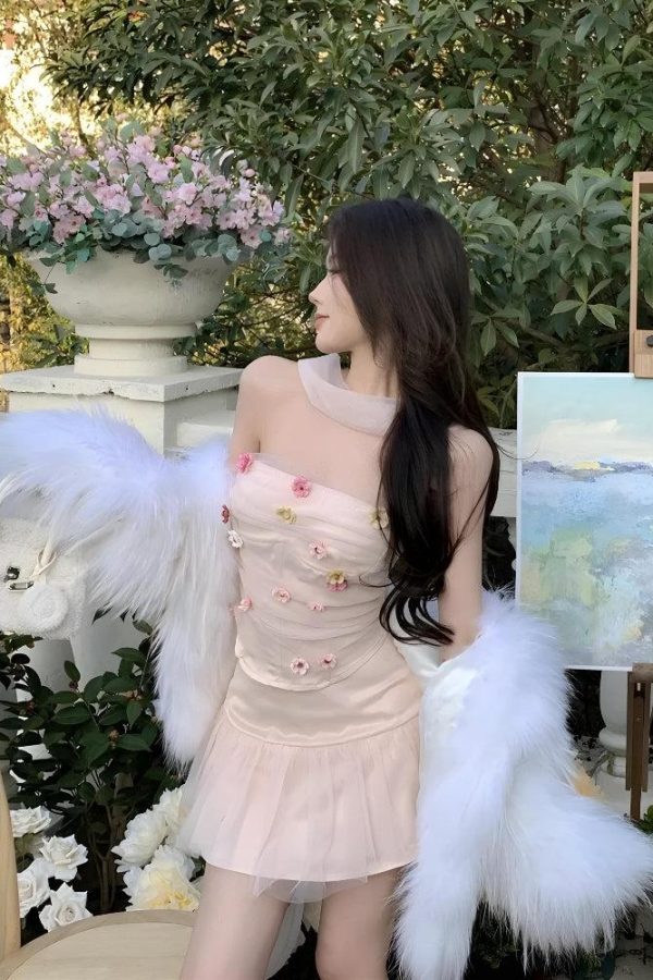 Soft Girl Flower Tube Top & Tulle Mini Skirt Two Piece Set