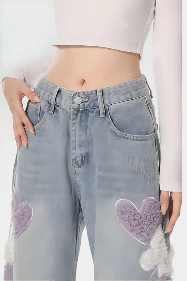 Soft Girl Fluffy Heart Butterfly Jeans