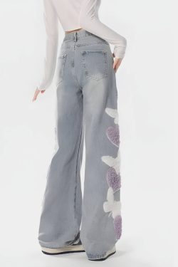 Soft Girl Fluffy Heart Butterfly Jeans