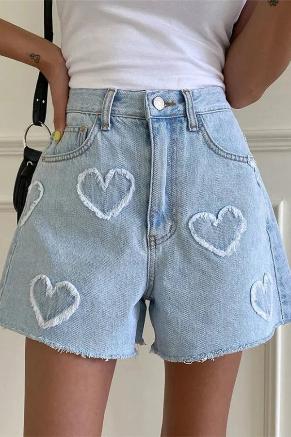 Soft Girl Heart Patch Denim Shorts