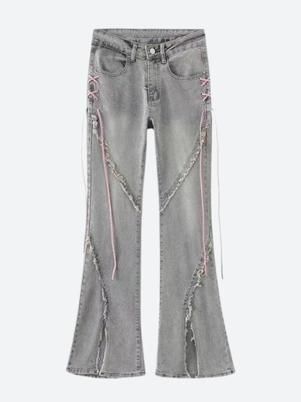 Soft Girl Lace Up Slit Flare Jeans