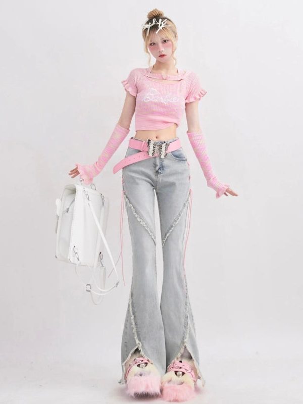 Soft Girl Lace Up Slit Flare Jeans