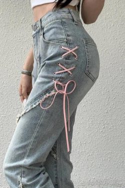 Soft Girl Lace Up Slit Flare Jeans